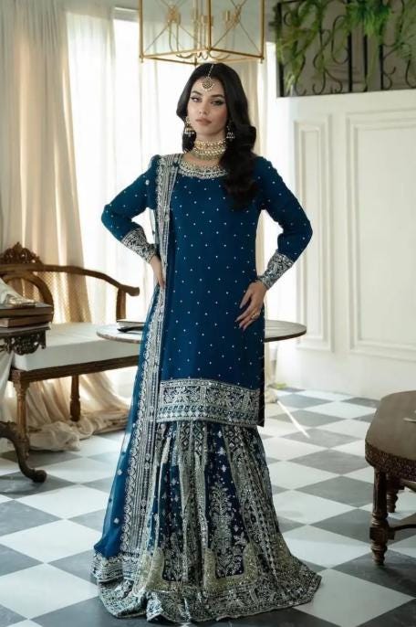 Blue Chiffon Gharara Dress, Indian Wedding Outfit, Zari Embroidery