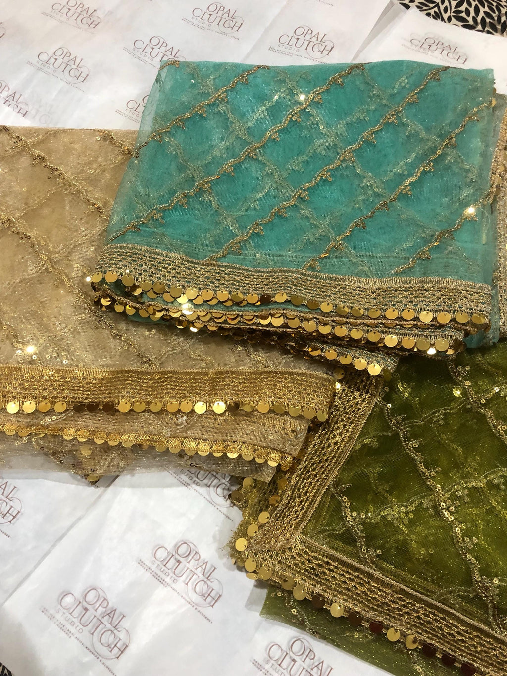 Zari Net Dupatta, Gold, Blue, Green, Engagement Mehndi Wear