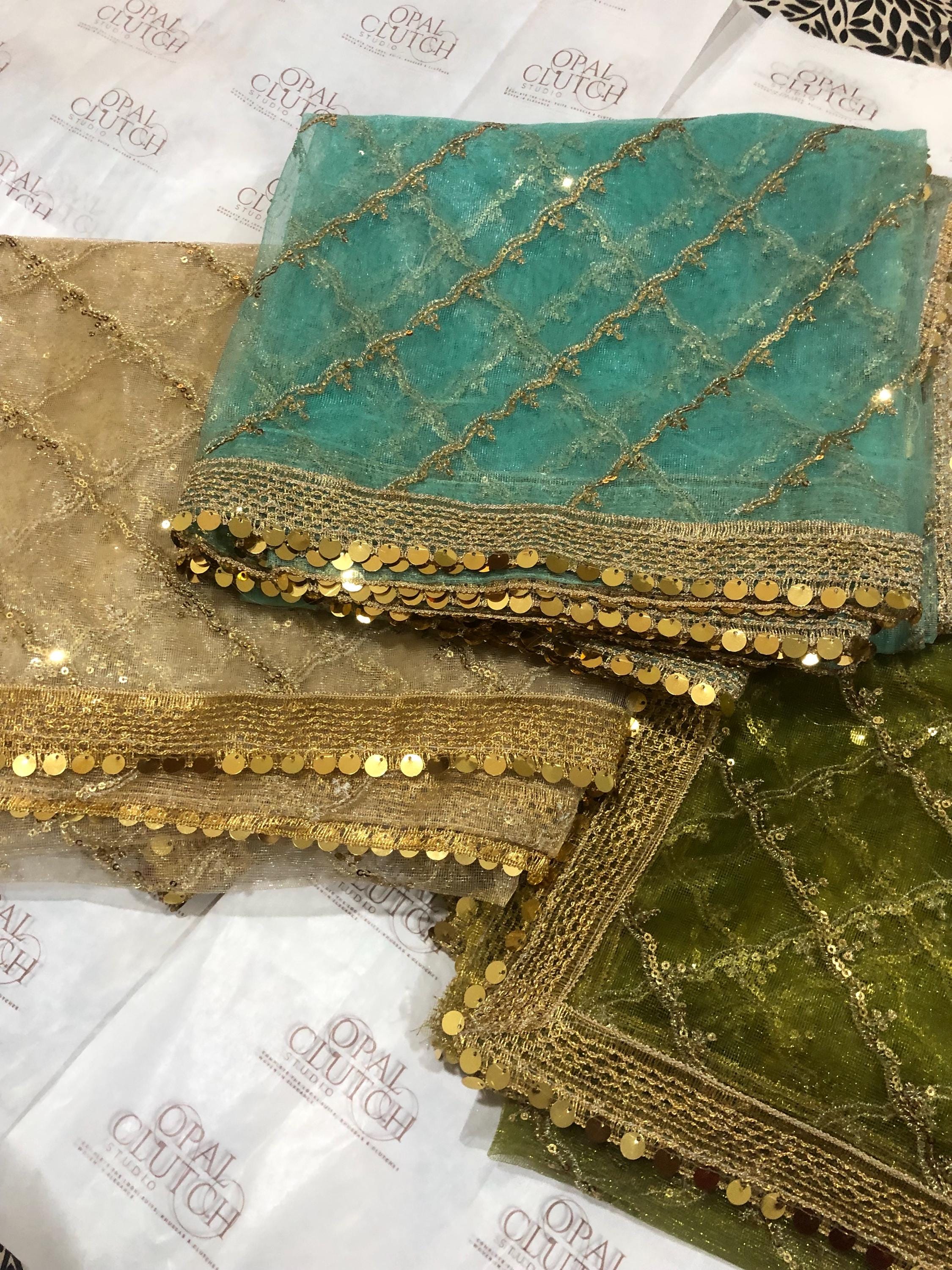 Zari Net Dupatta, Gold, Blue, Green, Engagement Mehndi Wear