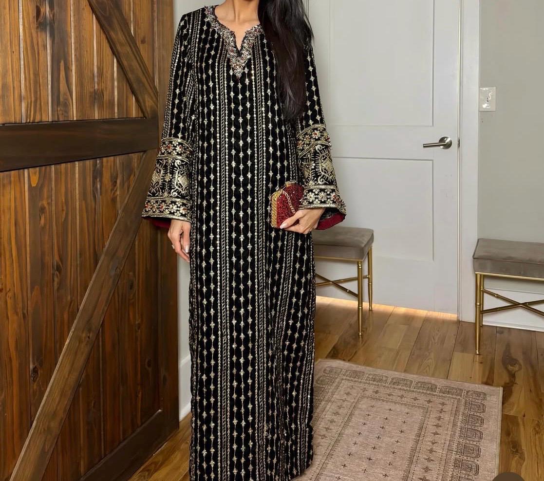 black velvet long dress with chiffon duppata: receptionwear black indian suit