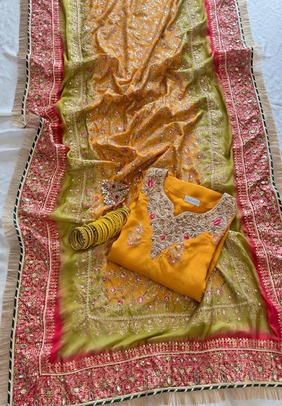 Embroidered Raw Silk Mayoun Set, Gotta & Mukesh Work, 3pc