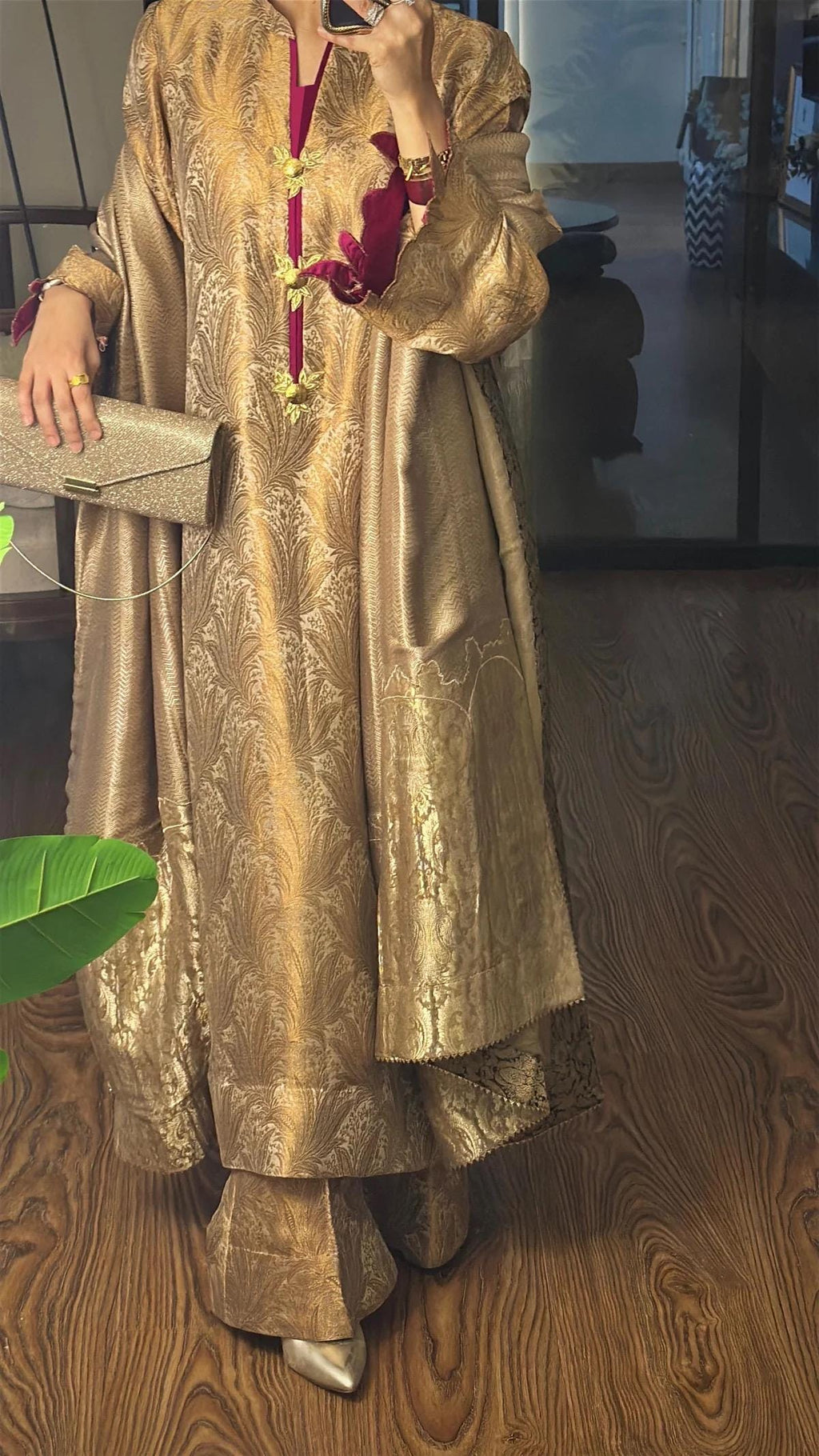 atlas banarsi gold Kameez Shalwar, Pakistani Mirrorwork 3pc Outfit