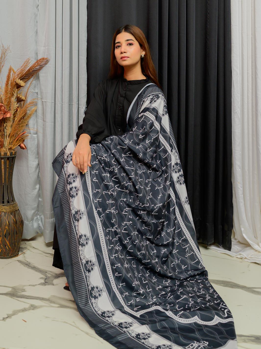 black arabic caligraphy lawn Dupatta – Urdu Poem Scarf, Traditional Style