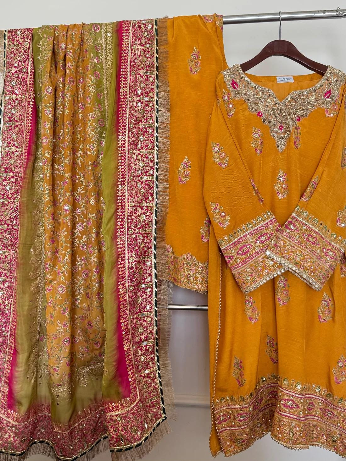 Embroidered Raw Silk Mayoun Set, Gotta & Mukesh Work, 3pc