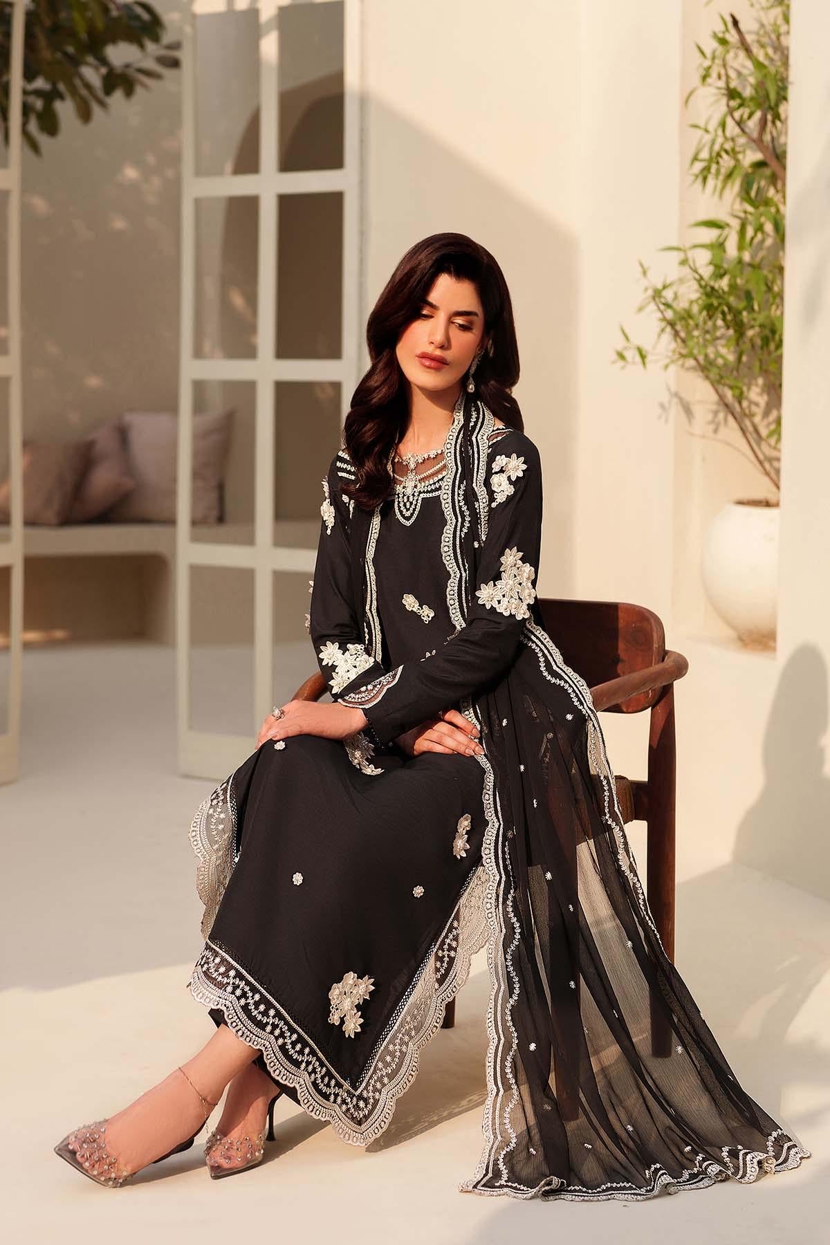 black pakistani Embroidered Silk Shalwar  3pc Suit, 3D Floral Pakistani Dress with Dupatta