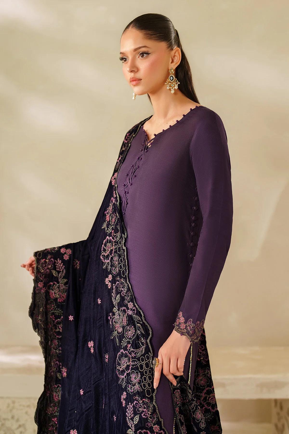 Plum Velvet Bridal Shawl, Sequins Embroidered, Kashmiri Style