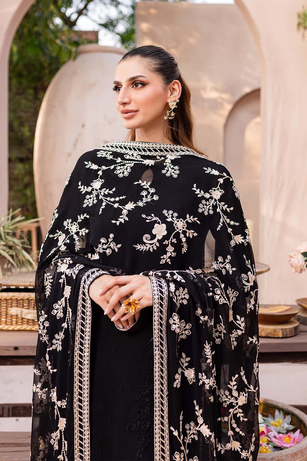 Embroidered Black Chiffon Pakistani Suit: Silk Trousers, Dupatta