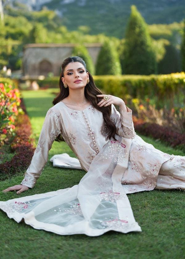 Kamdani Silk Punjabi Suit: Beige Short Kurta, Trouser & Dupatta