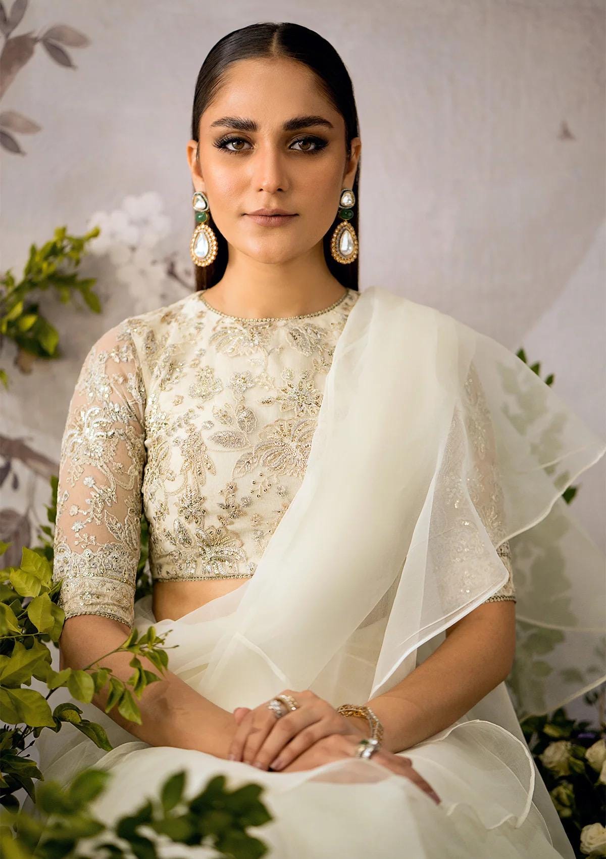 dreamy off white saree  with Embroidered Blouse: Indian Party Wear