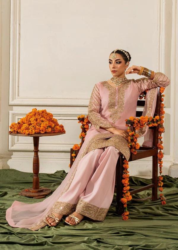Blush Pink Kamdani Punjabi Suit: 3-Piece Chiffon Pakistani Wedding Outfit