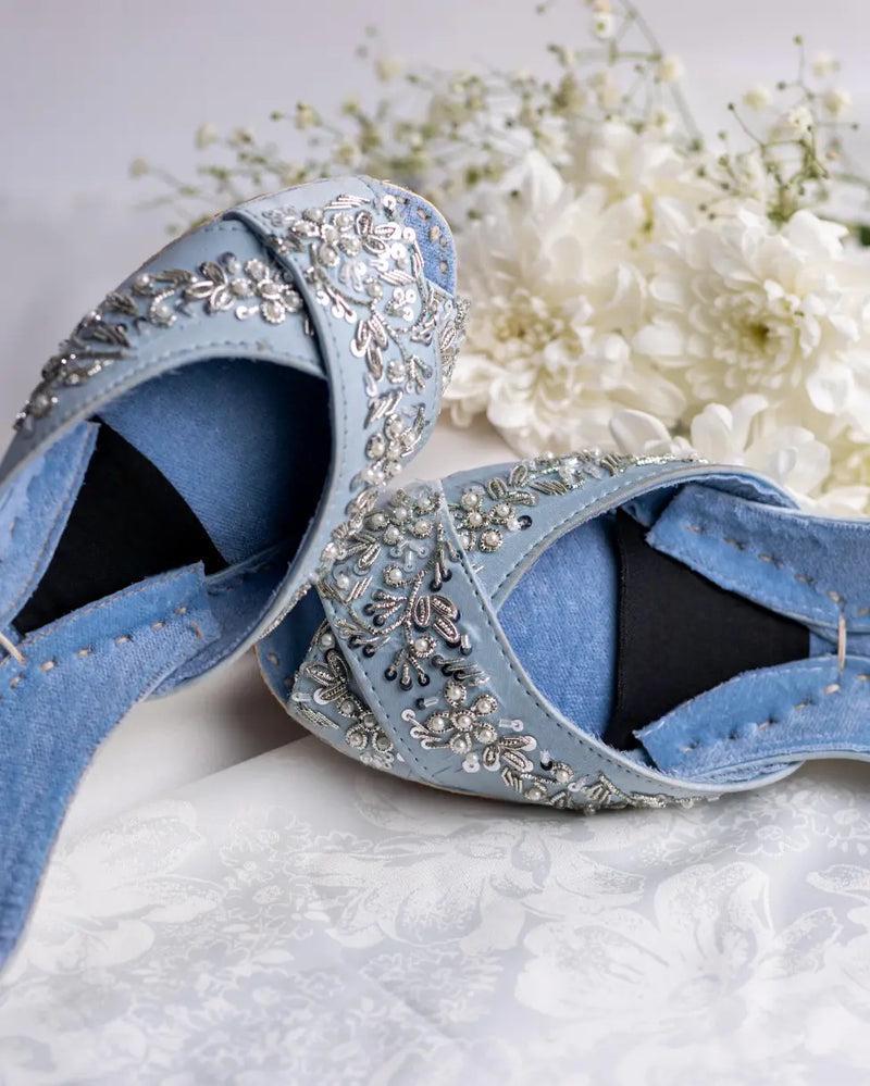 Handmade Ocean Blue Velvet Jutti: Embellished Punjabi Mojari Flats