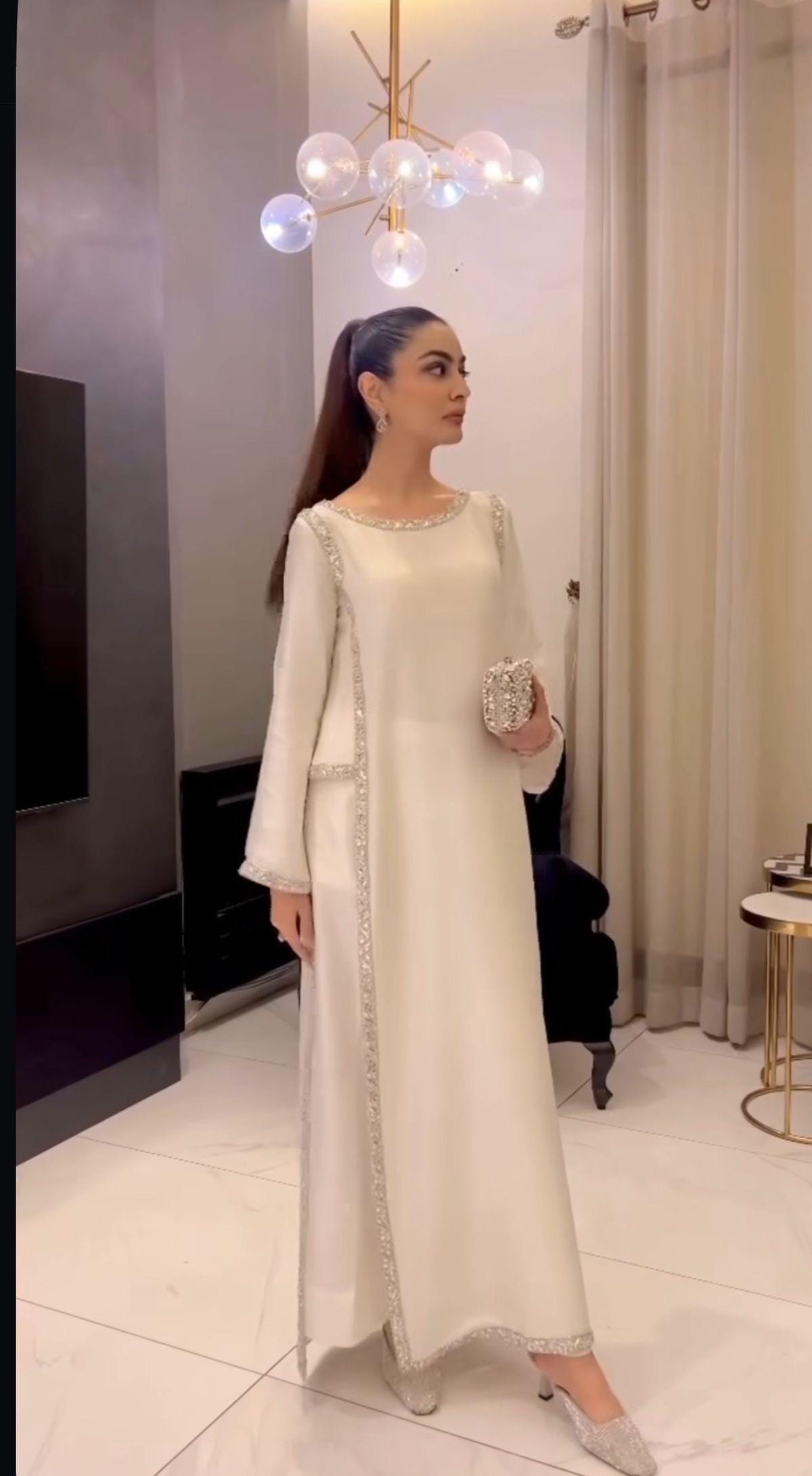 White Beaded Pakistani Dress: Hand Embroidered Silk Suit/pakistani formal dress/white shirt trouser pakostani/modest indian dress/shadi/