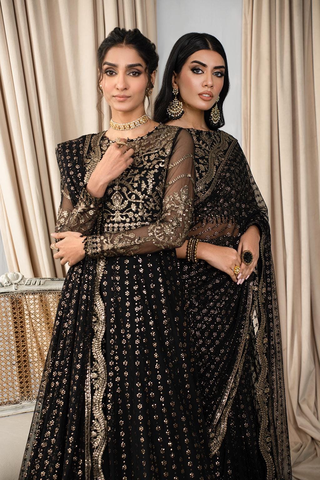 Black Sequin Embroidered Chiffon Saree, Indian Wedding Designer Saree