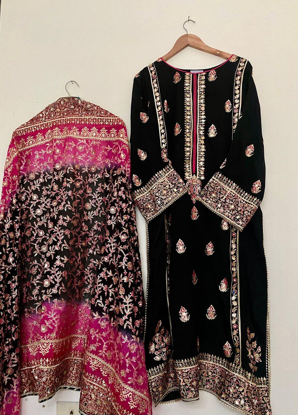 Black Silk Suit with Three-Shaded Chunari Dupatta: Mukesh Work, Golden Border