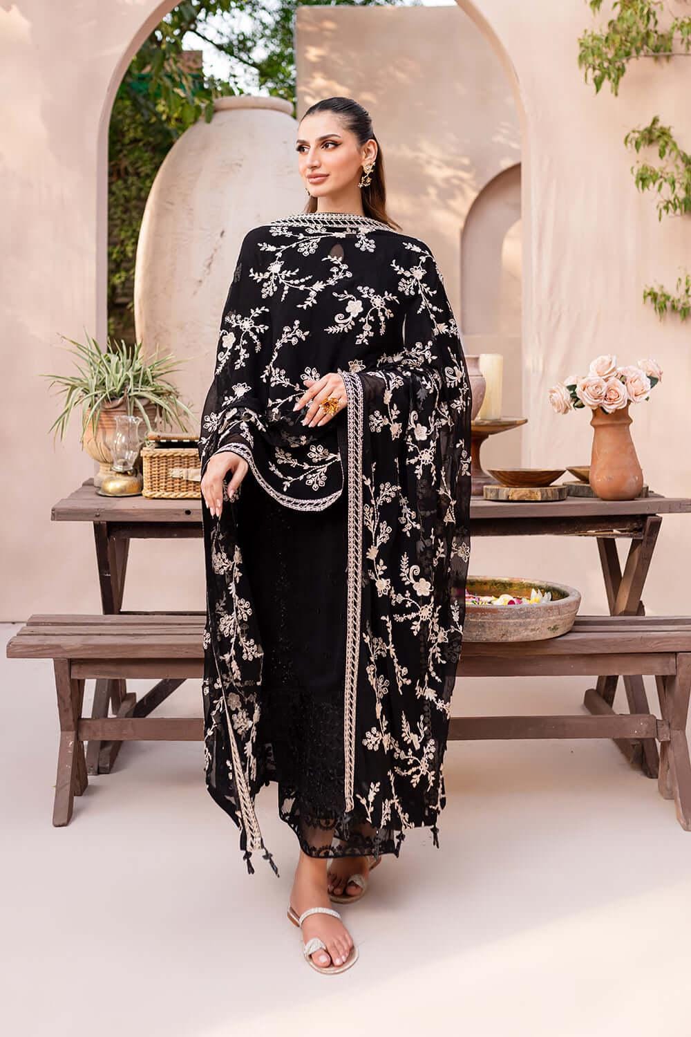 Embroidered Black Chiffon Pakistani Suit: Silk Trousers, Dupatta