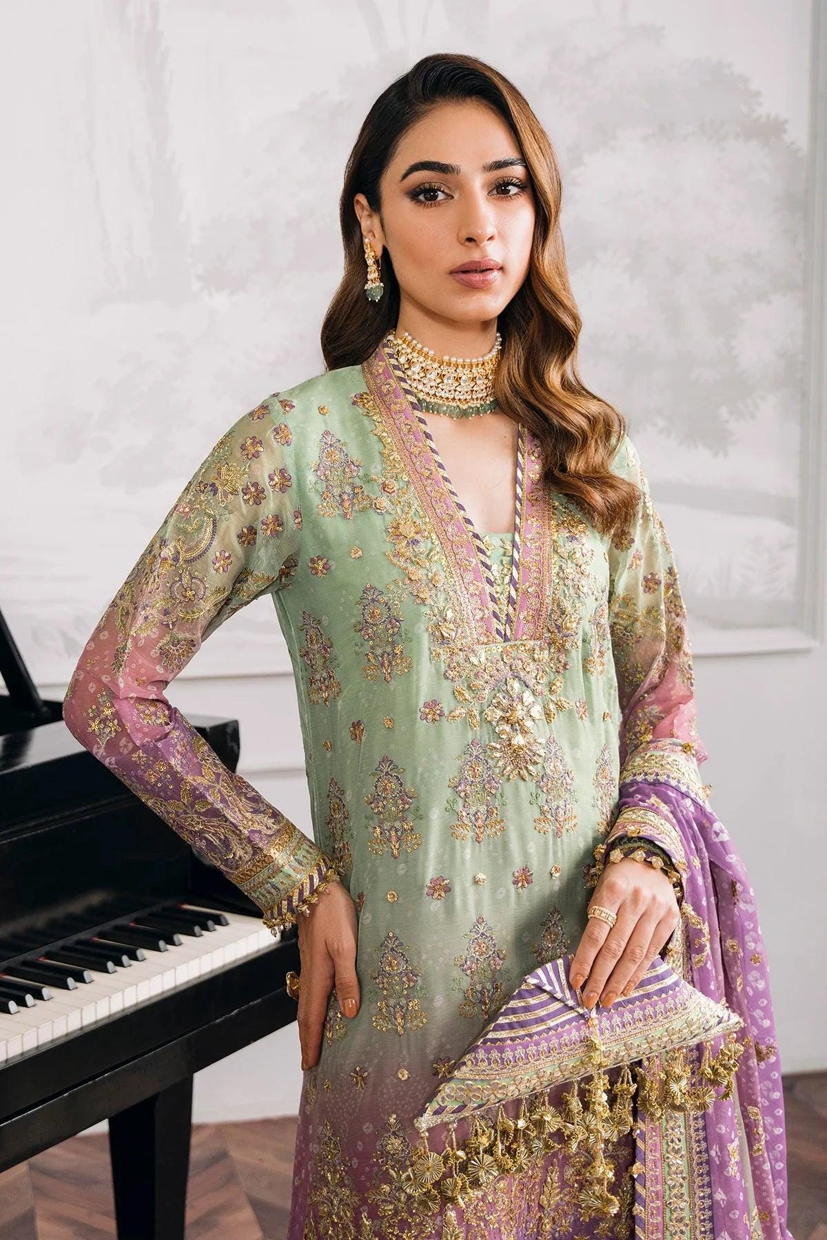 Embroidered Chiffon Silk Suit: Mint Green Pakistani Wedding Dress