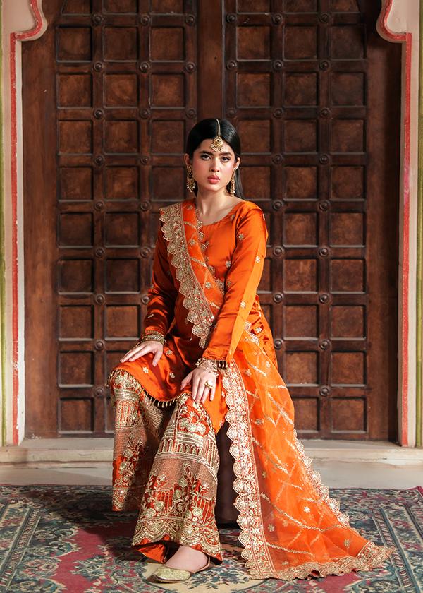 Embroidered Silk Shalwar Kameez: Pumpkin Orange Indian Party Outfit, 3pc punjabi suit women dress