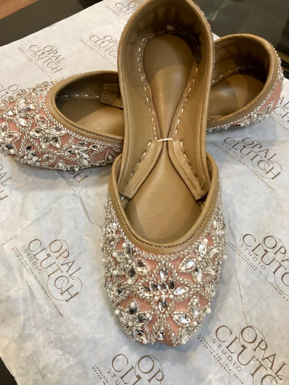Handmade Leather Jutti – Taupe Silk, Floral Embroidered Bridal Flats