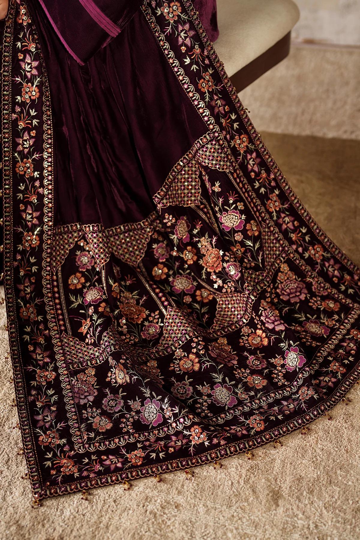 Embroidered Velvet Bridal Shawl, Maroon Multi Color