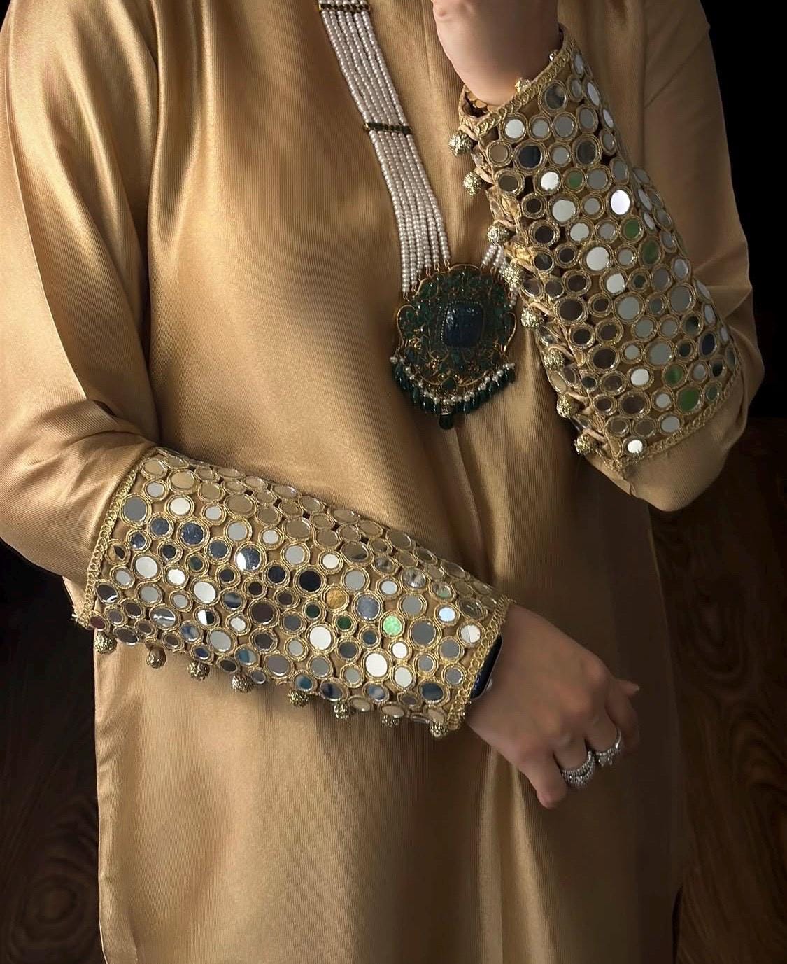 Gold Silk Kameez Shalwar, Pakistani Mirrorwork 3pc Outfit