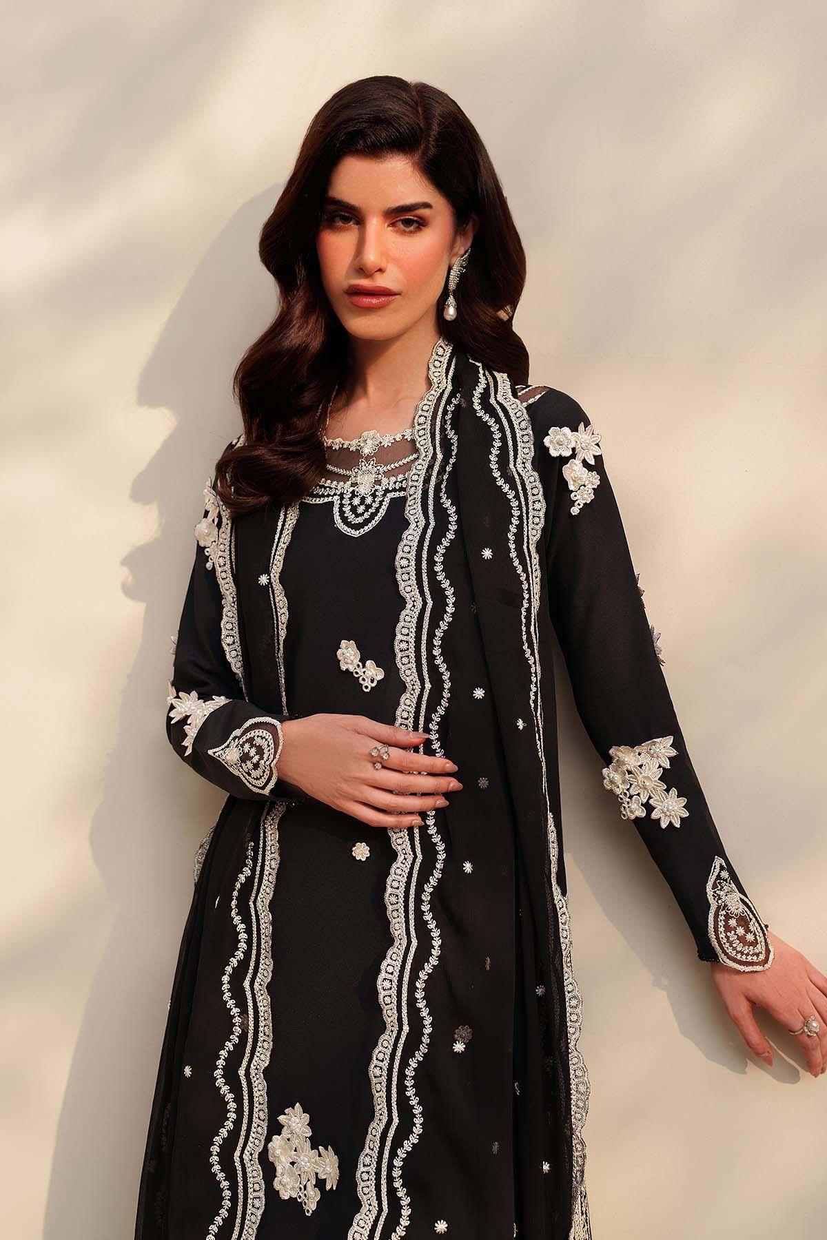black pakistani Embroidered Silk Shalwar  3pc Suit, 3D Floral Pakistani Dress with Dupatta