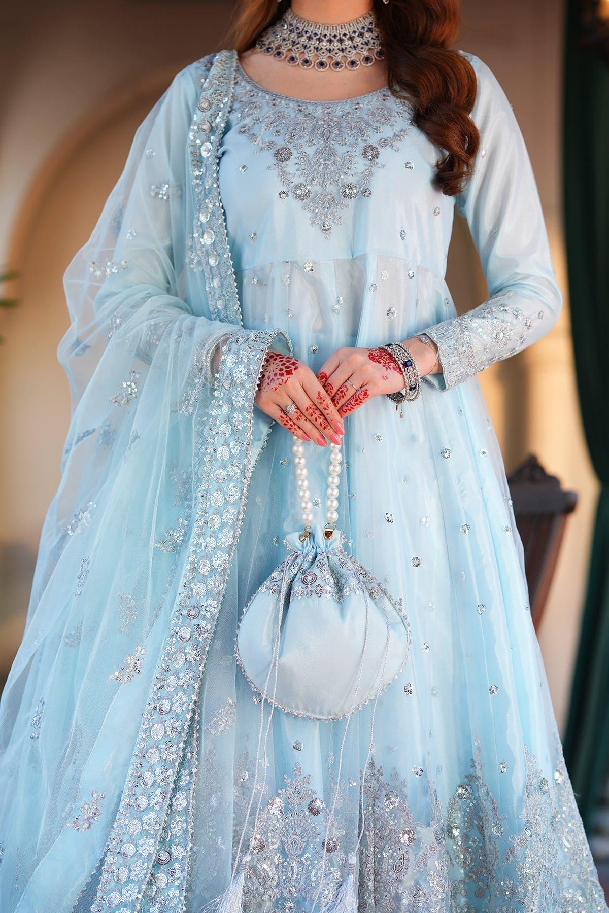 Embroidered Net Frock, Sky Blue Pakistani Maxi Dress, Lengha India
