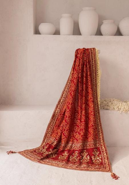 Red Silk Wedding Shawl: Kamdani Embroidered Paisley, Indian Bridal