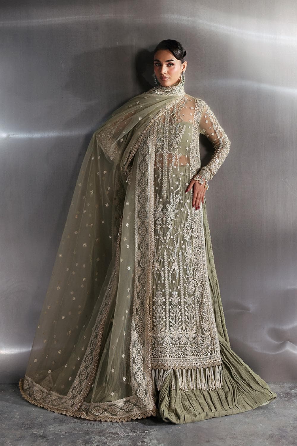 Mint Green Embroidered Bridal Dress, Pakistani Wedding Outfit