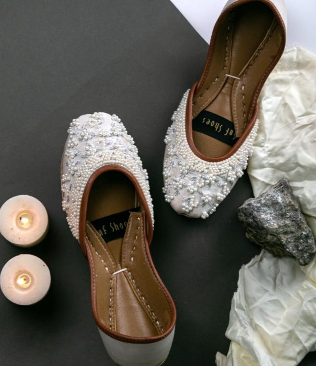 Handmade Pearl Bridal Jutti Flats – White Wedding Shoes