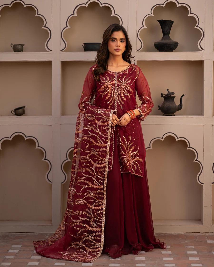 red shirt and phiswas duppata  Pakistani organza dress: Embroidered Net Frock, Silk Trousers