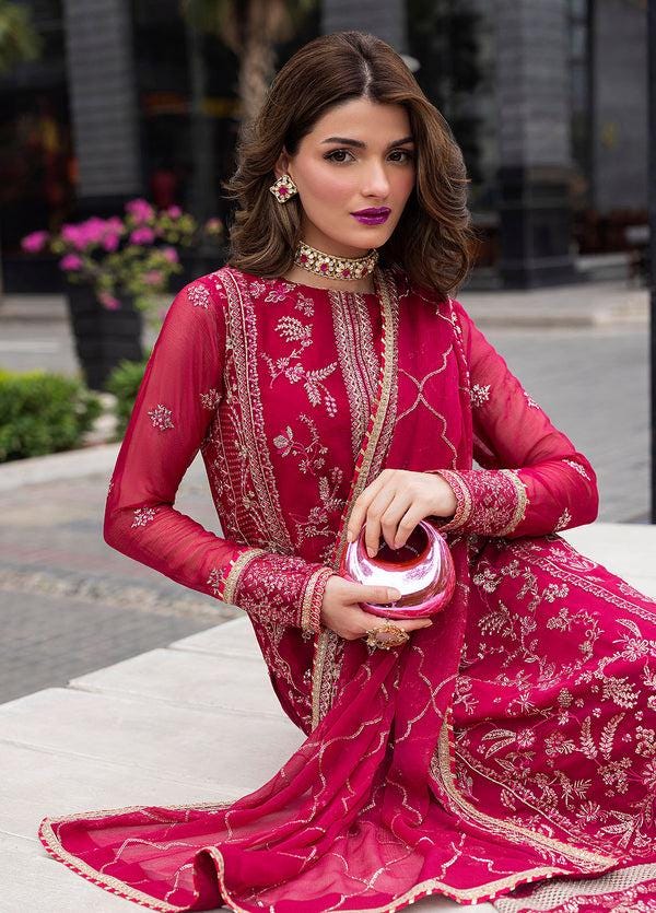 Red Embroidered Chiffon Pakistani Suit, 3 Piece
