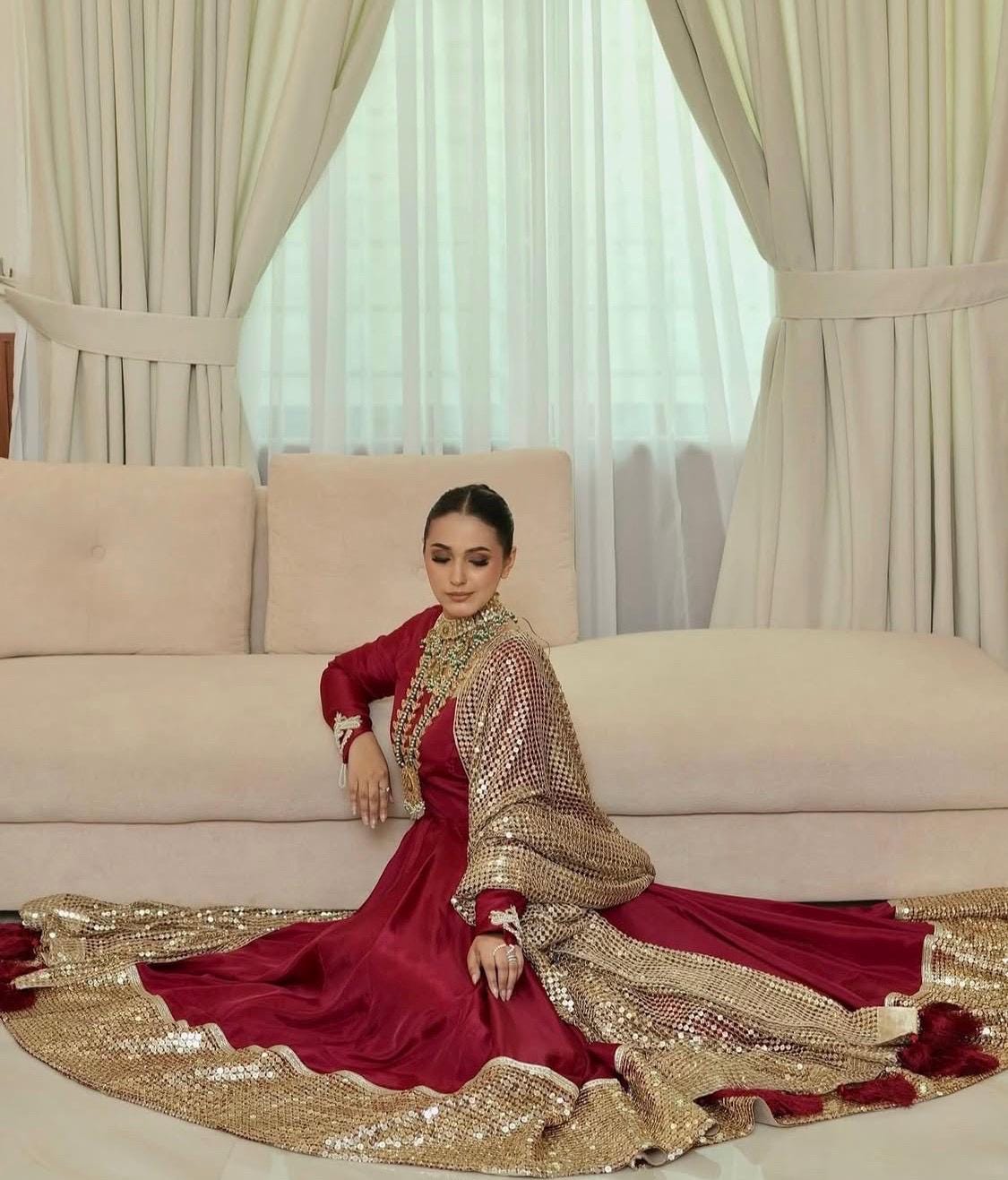 Red Floral Embroidered Pakistani Gown | Sequined Dupatta