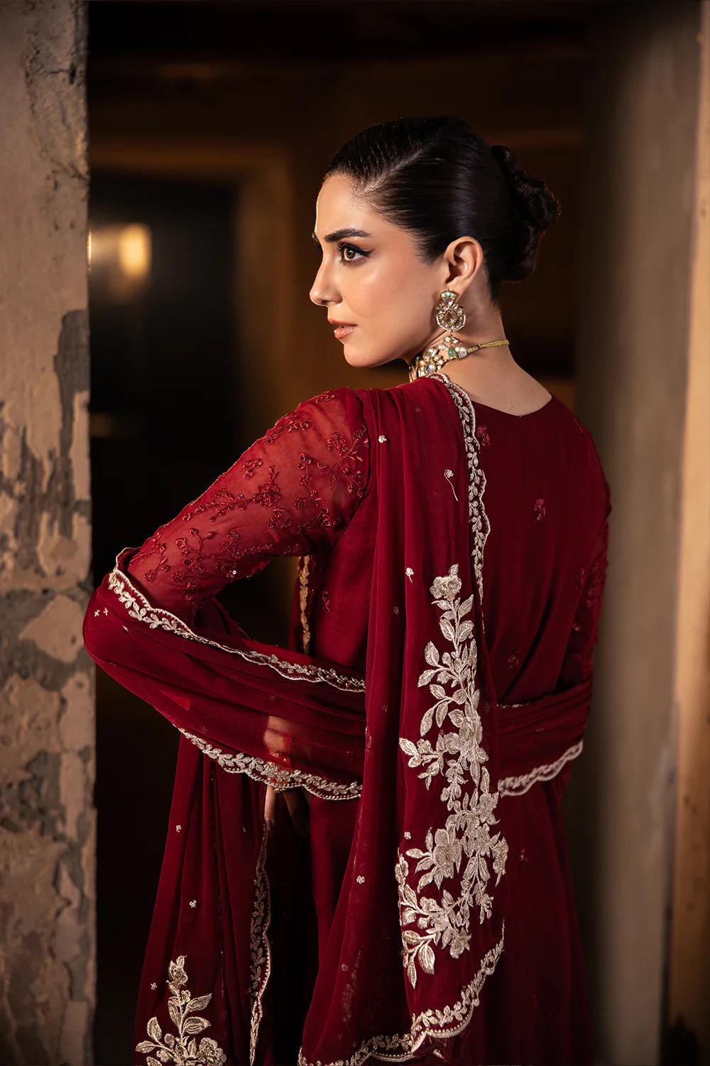 Red Chiffon Pakistani Bridal Suit: Embroidered Net Dress