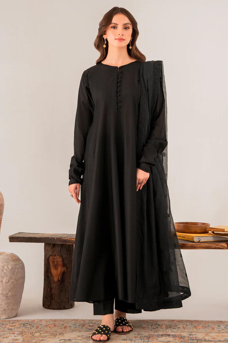 Black Chambray Kattan Frock: Embroidered Punjabi Suit with Dupatta