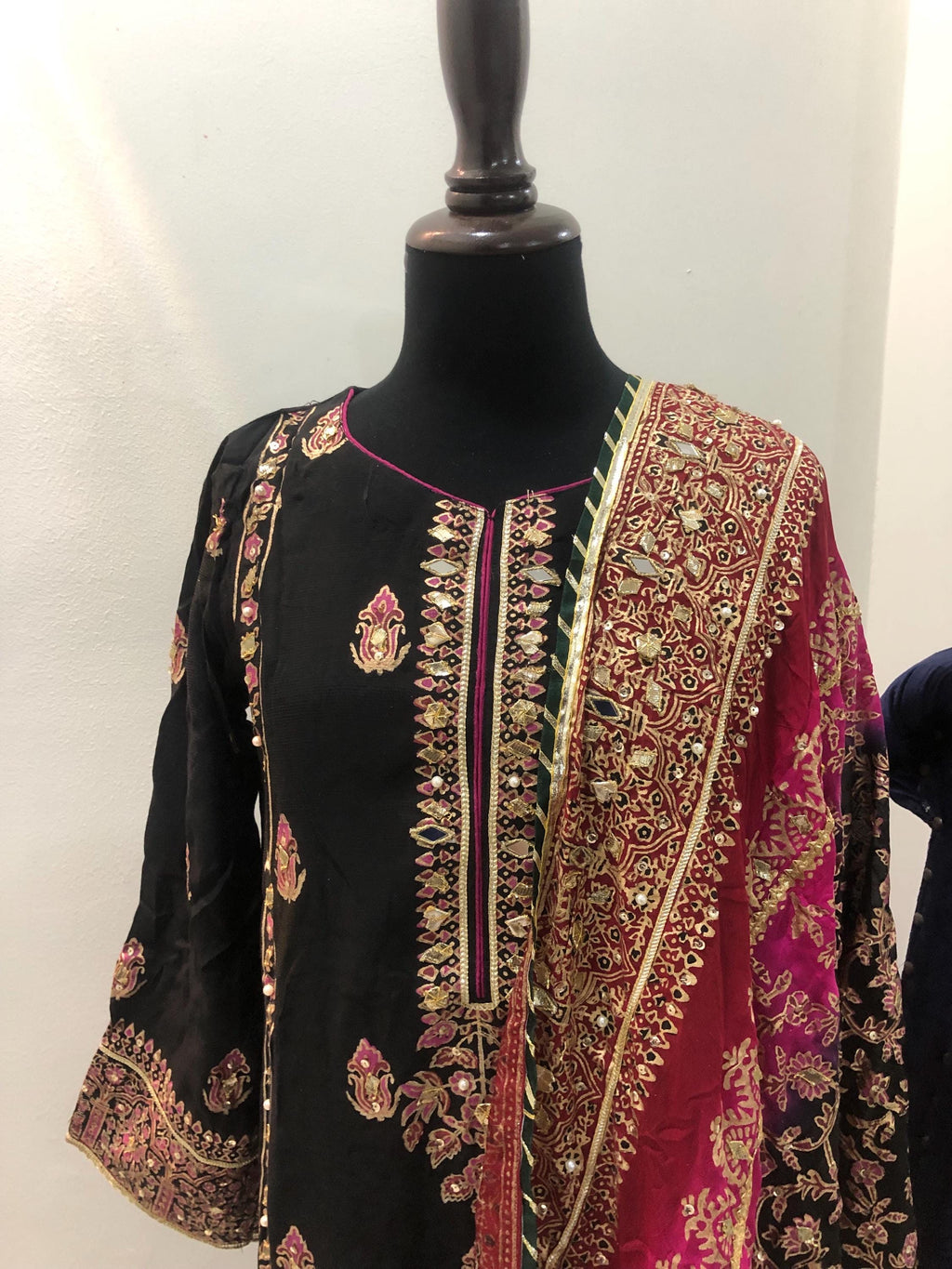 Black Silk Suit with Three-Shaded Chunari Dupatta: Mukesh Work, Golden Border