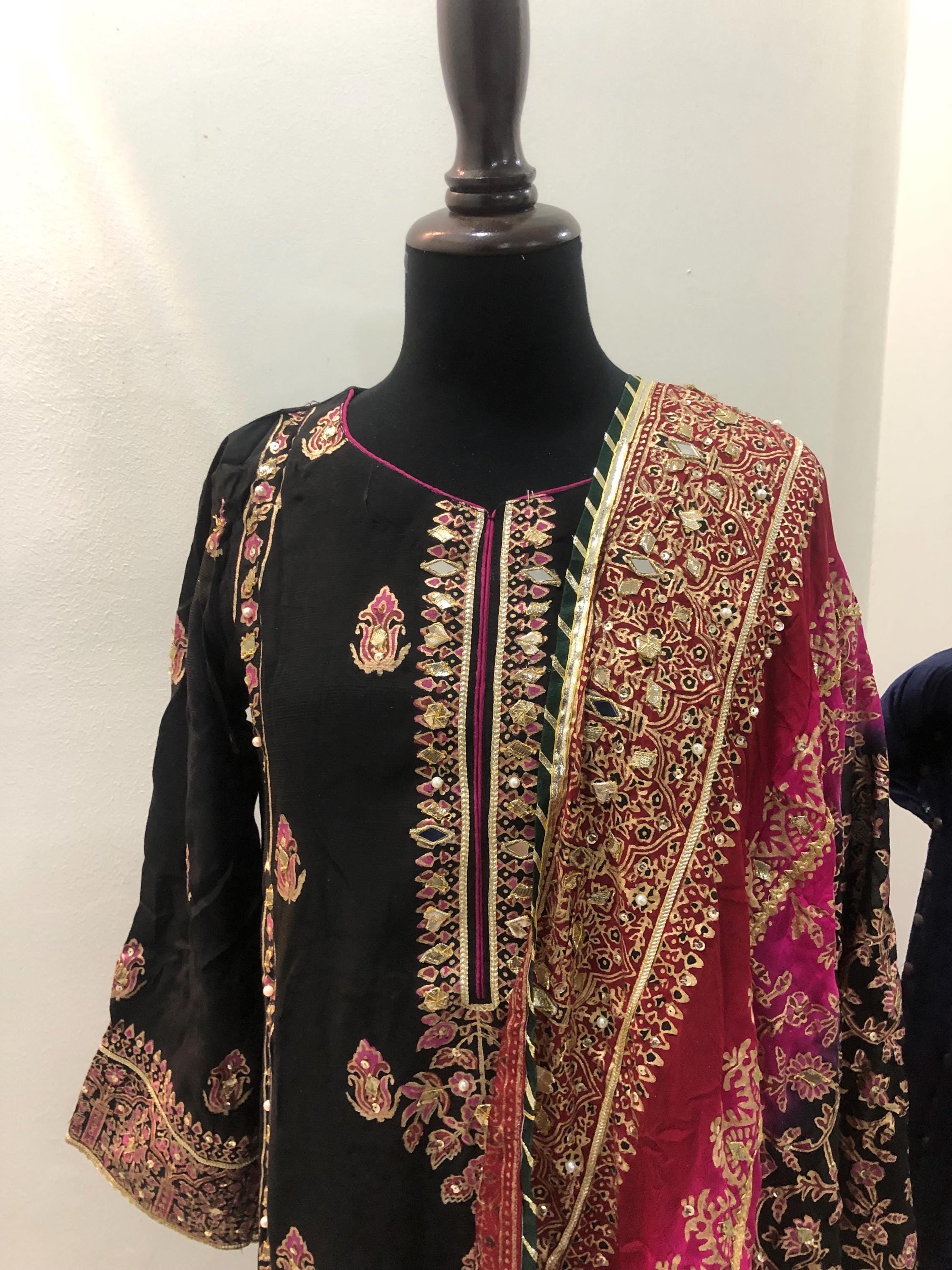 Black Silk Suit with Three-Shaded Chunari Dupatta: Mukesh Work, Golden Border