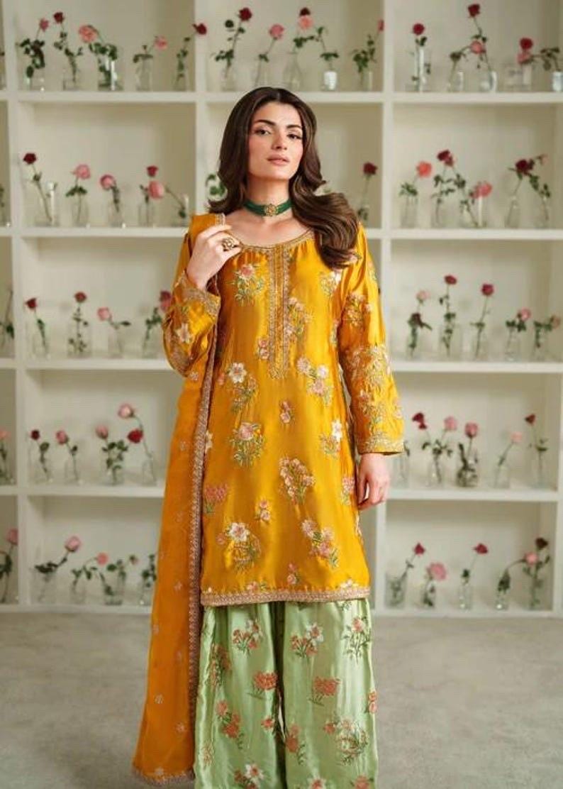 Embroidered Silk Farshi Shalwar Suit, Chiffon Dupatta, Potli Bag