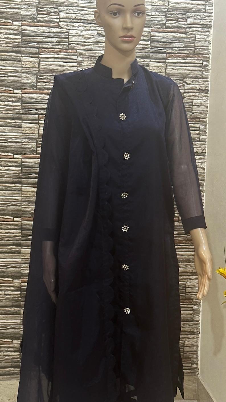 Handmade  royal blue Silk Kurta Pant Set: Indian Organza Dupatta Dress