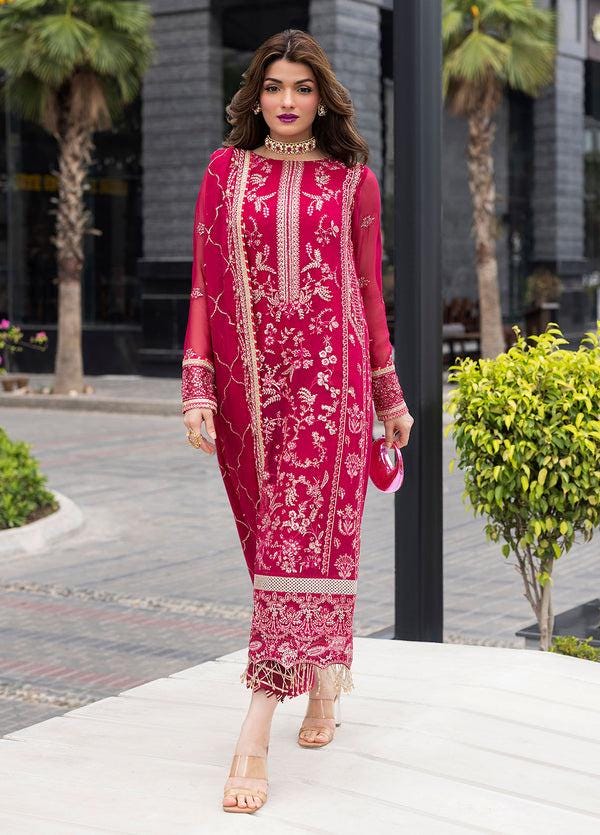 Red Embroidered Chiffon Pakistani Suit, 3 Piece