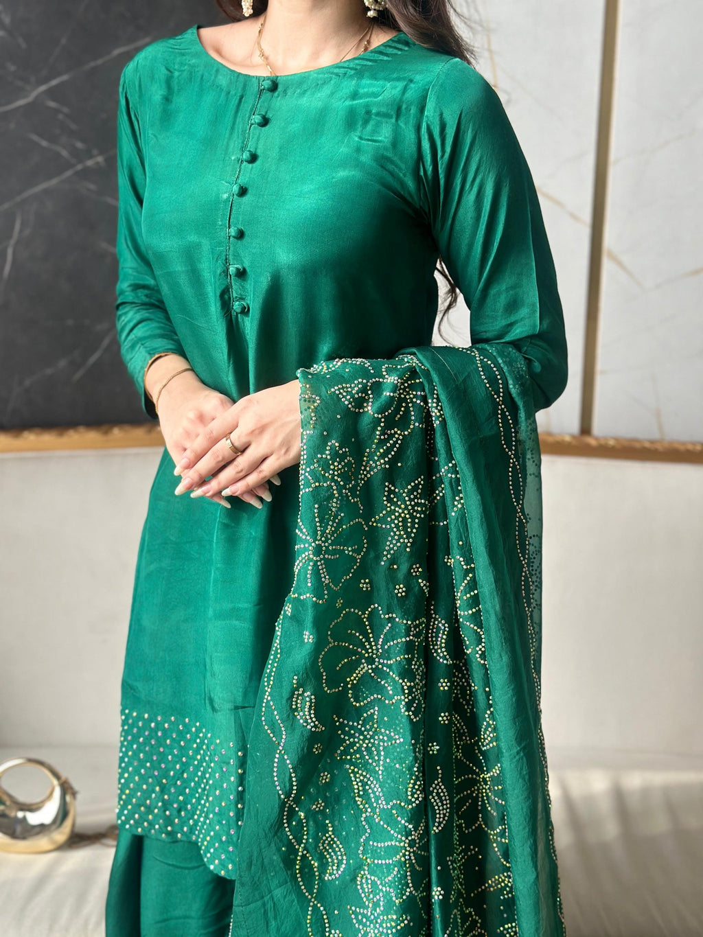Green Russian Silk Salwar Kameez Suit, Festive Wedding Wear