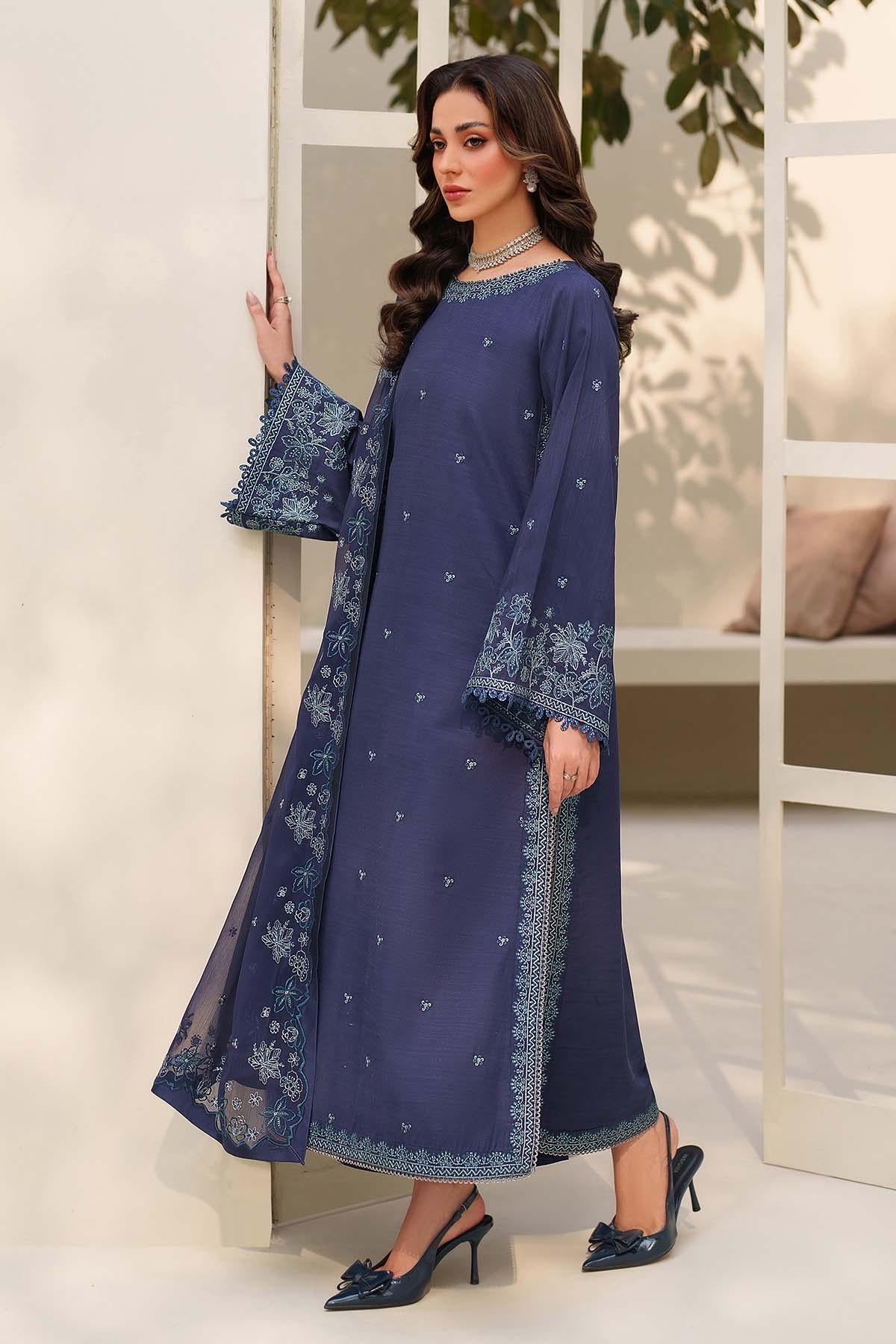 Embroidered Raw Silk Pakistani Suit Set, Blue Kurta, Trouser & Dupatta