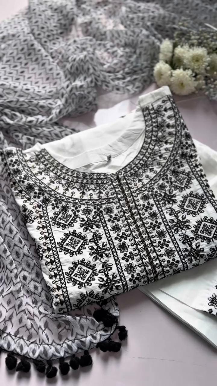 Embroidered Linen Salwar Kameez Suit, Chiffon Dupatta