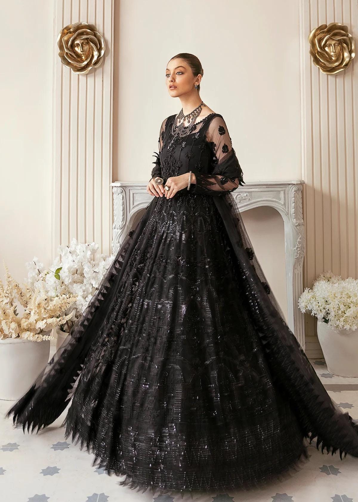 Black Embroidered Net Maxi Gown: Pakistani Wedding Reception Dress