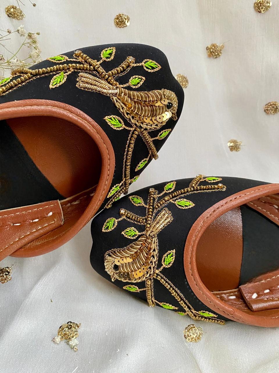 Handmade Red Bridal Khussa: Embroidered Bird Jutti Shoes