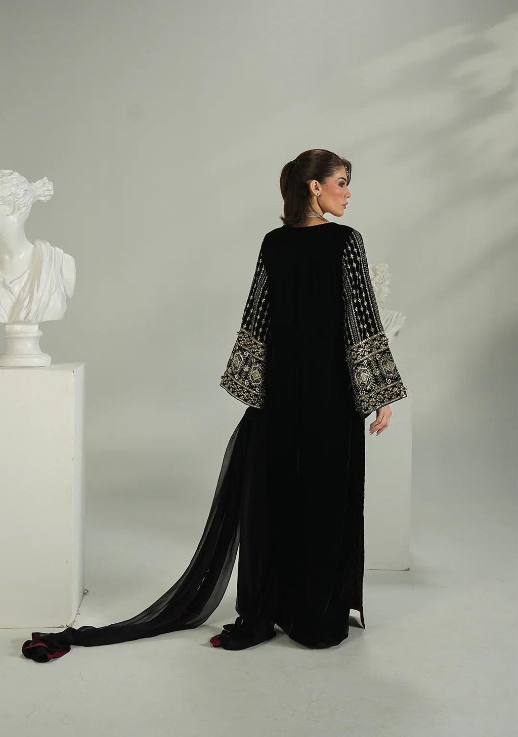 black velvet long dress with chiffon duppata: receptionwear black indian suit