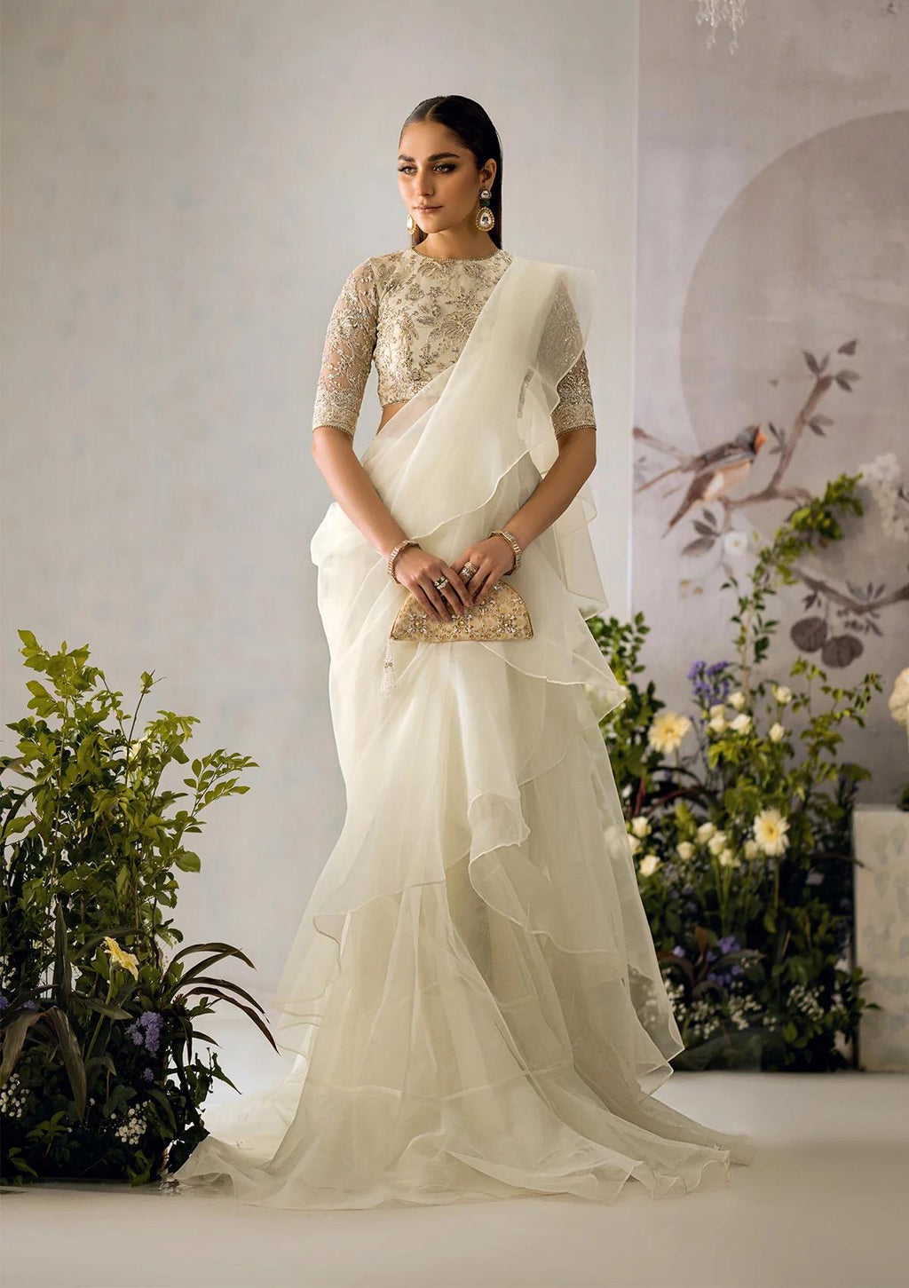 dreamy off white saree  with Embroidered Blouse: Indian Party Wear