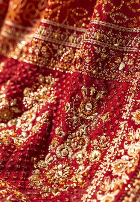 Red Silk Wedding Shawl: Kamdani Embroidered Paisley, Indian Bridal