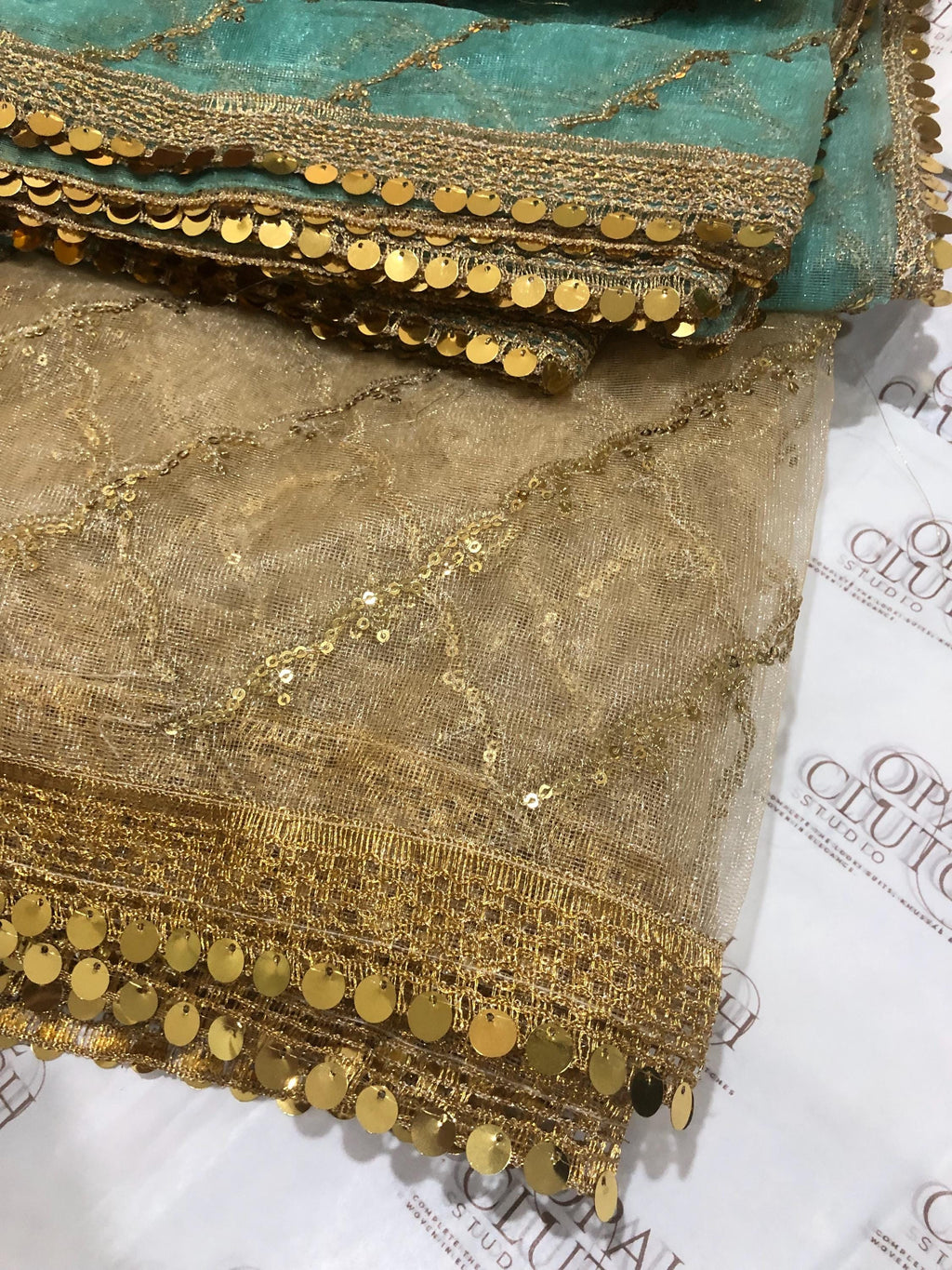 Zari Net Dupatta, Gold, Blue, Green, Engagement Mehndi Wear