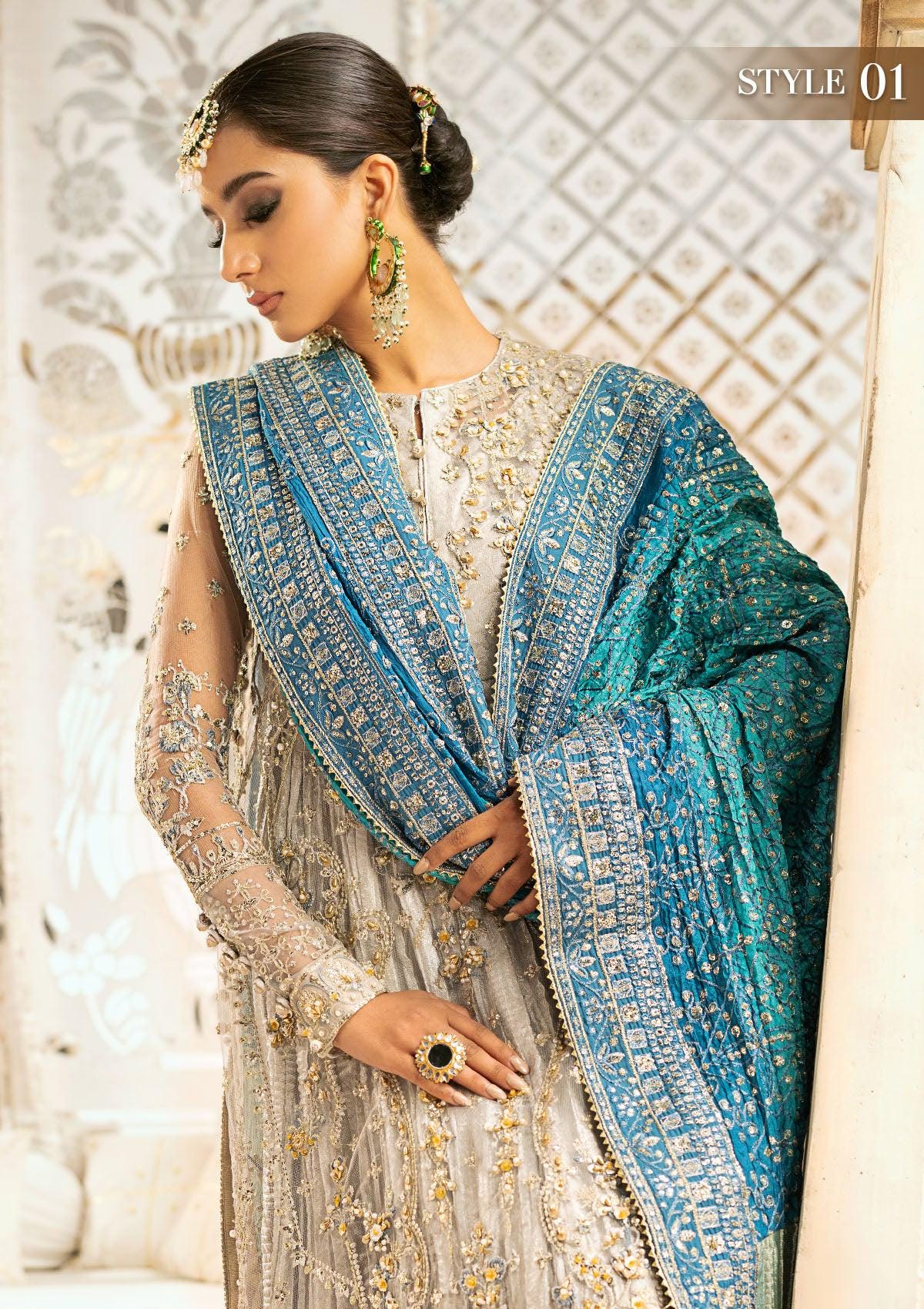 Embroidered Silk Dupatta: Grey Blue Pakistani Wedding Shawl