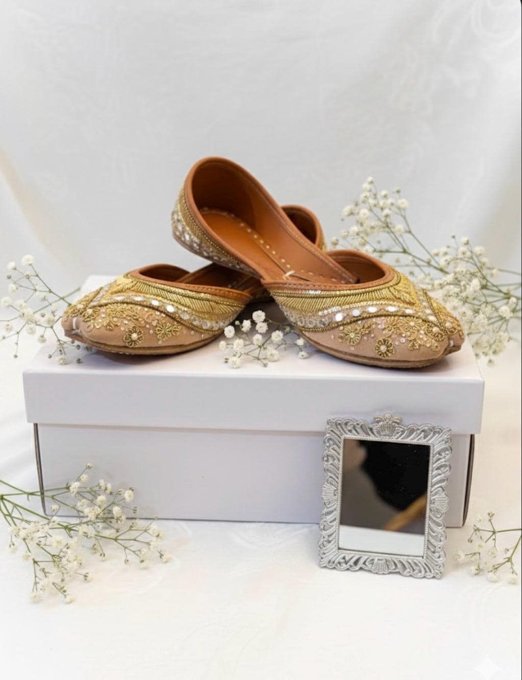 Handmade Gold Silk Jutti, Beaded & Sequined Punjabi Flats